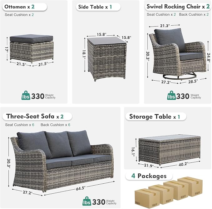 MEISSALIVVE Outdoor Patio Furniture Set with Swivel Chair, 8 Pieces Patio Conversation Set, Patio Sectional Furniture Set with 2 Three-seat Sofa, 2 Ottomans and Coffee Table (Grey)