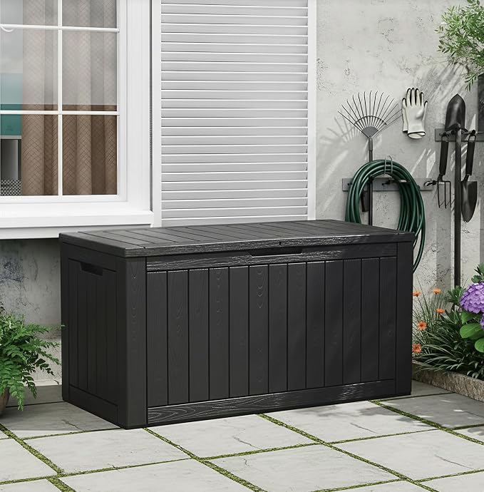 Bifanuo Large Outdoor Deck Box, Waterproof Resin Storage Box with Hydraulic Rods, Lockable Patio Storage Bench with 330 Lbs Load Capacity