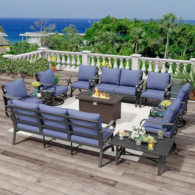 12 Piece Patio Furniture Set, All Weather Metal Outdoor Conversation Set with 50000 BTU Propane Fire Pit Table and 5" Thick Cushions, Sectional Sofa for Garden, Porch, Lawn, Blue
