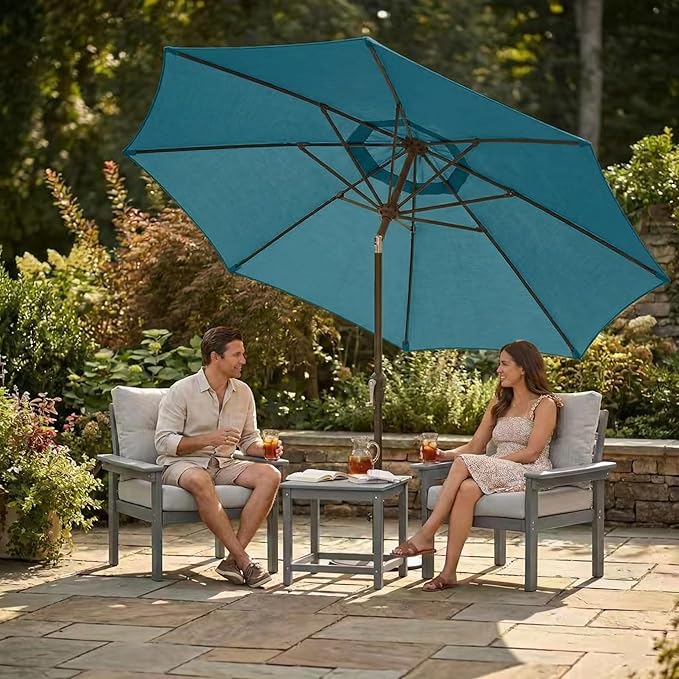 Kingdura 9FT Outdoor Patio Umbrella, Market Table Umbrella with Push Button Tilt and Crank, 8 Sturdy Fiberglass Ribs, UV Protection for Pool, Lawn, Deck, Backyard, Garden (Lake blue)