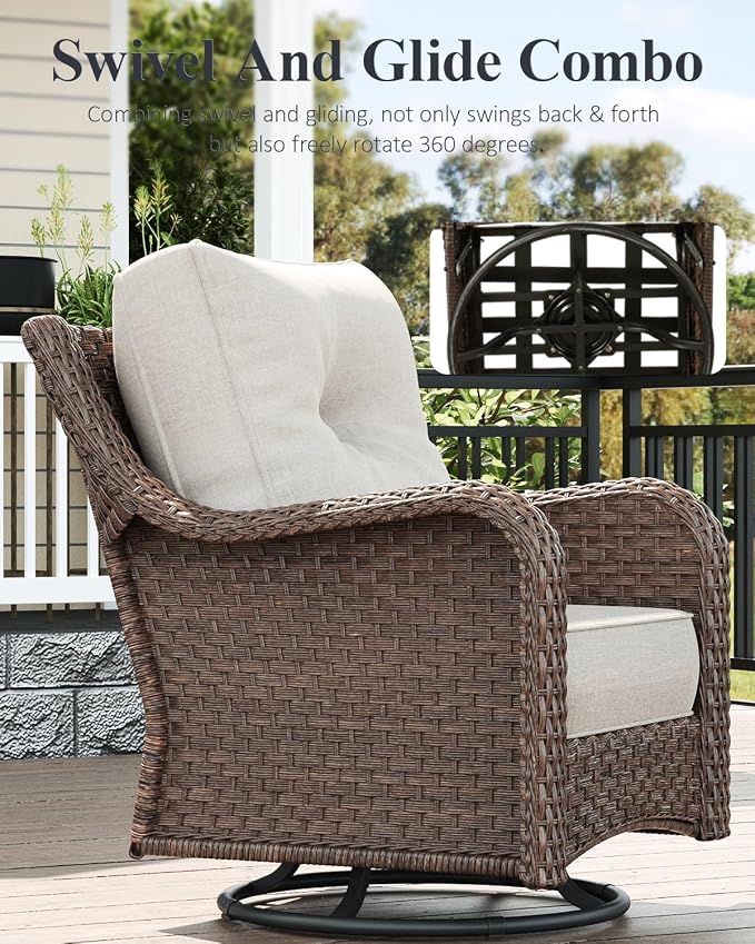 LayinSun 8 Piece Wicker Outdoor Furniture Set with 6-inch Comfy Cushions, High Back Patio Furniture Set with Swivel Rocking Chairs and Fire Pit Table