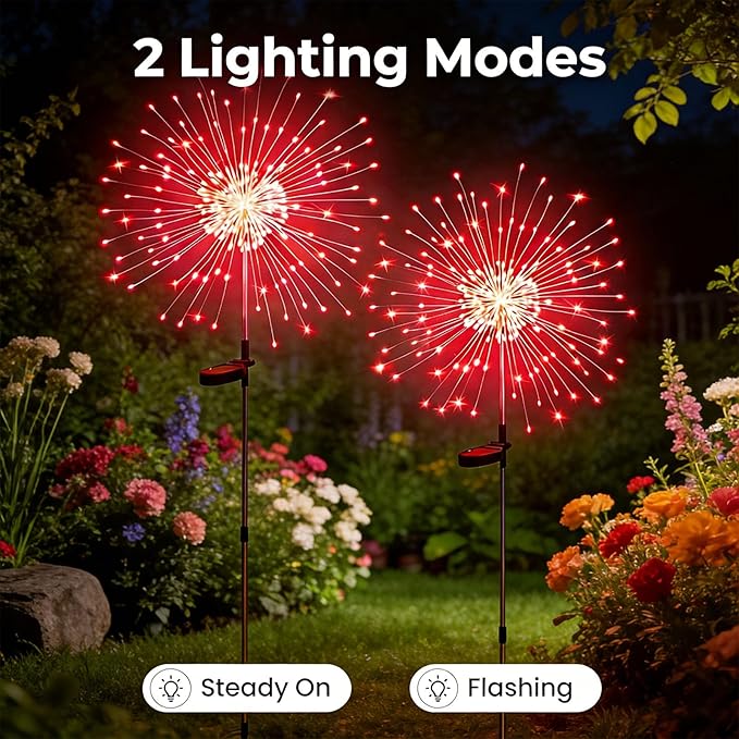 Solar Firework Lights Outdoor, 200 LED Starburst Garden Lights, Adjustable Height 2/3-Rod up to 51in, Stainless Steel, 2 Lighting Modes, IP65 Waterproof Pathway Light for Yard Patio Lawn
