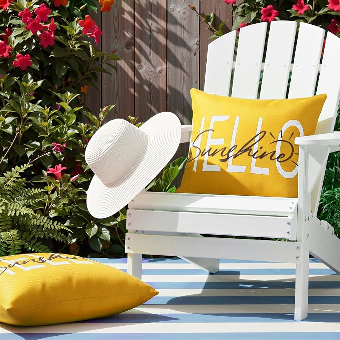 Lewondr Waterproof Outdoor Throw Pillow Cover, 18×18", Yellow | 2 Pack, Hello Sunshine Printing, Summer Garden Decor, For Patio Sofa, Balcony Couch, Bench Porch
