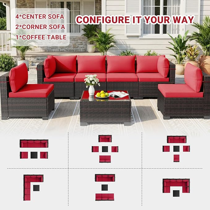 LEVELEVE 7-Piece Outdoor Patio Furniture Sets, Manual Weaving Rattan Conversation Sectional Sofa with Tempered Glass Coffee Table, All-Weather PE Wicker & Thick Cushions for Garden, Backyard, Porch