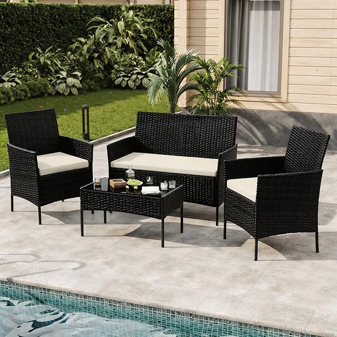 4-Piece Outdoor Furniture Set, PE Rattan Wicker Chairs with Soft Cushions & Tempered Glass Coffee Table - All-Weather Patio Set for Garden, Backyard, Porch, Poolside (Black/Beige)