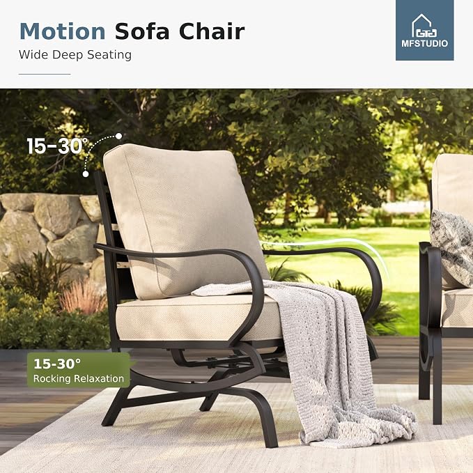 MFSTUDIO 8 Pieces Patio Furniture Sets with 45" Gas Fire Pit Table(Up to 9 Seat), Outdoor Metal Conversation Sofas with 1 x 3-Seat Sofa, 2 Single Chairs, 2 Rocking Chairs and 2 Ottoman, Beige Cushion