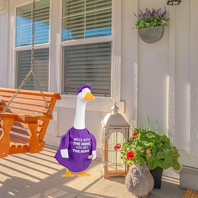 CAMDUCK Funny Porch Goose Outfit for 23 Inch Goose Statue, Mess with The Honk You Get The Bonk Goose Clothes, Decorative Lawn Geese Costume Clothing for Outdoor Decor (Purple)