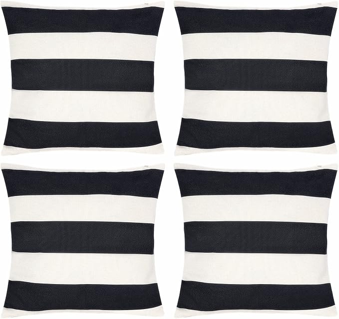 tiggell 4 Pack Waterproof Pillow Covers Outdoor Throw Pillowcases Decorative Garden Cushion Case for Home Garden Patio Couch Balcony Striped (18 * 18 inch, Black & White)