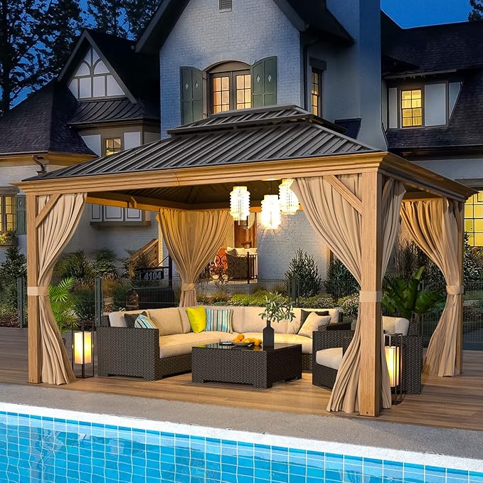 EROMMY 10'x12' Hardtop Gazebo, Wooden Finish Coated Aluminum Frame Canopy with Galvanized Steel Roof, Outdoor Metal Gazebo with Curtains and Nettings for Patio, Backyard, Deck and Lawns