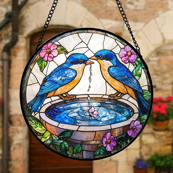 DASTOLL Stained Glass Window Hanging, 2 Blue Birds Suncatcher Diamond Glass Panel Hangings Bird Lover Sun Catchers Decor for Birthday for Women, Men, Wife, Aunt, and Mom 11.8x11.8 in
