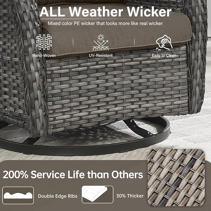 Outdoor Swivel Rocker Patio Chairs Set of 7 with 5" Thick Cushions,7 Piece Furniture Set with Fire Pit Table All Weather Wicker Conversation Set for Porch Deck - Gery Wicker | Gery Cushions