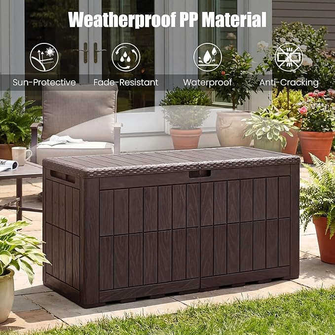HAPPYGRILL 100 Gal Outdoor Deck Box, Lockable Storage Bin with Lid and Handles, Waterproof and Sun-Protective Patio Bench and Storage Box for Garden Tools Pool Supplies (Dark Brown, 100Gallon)