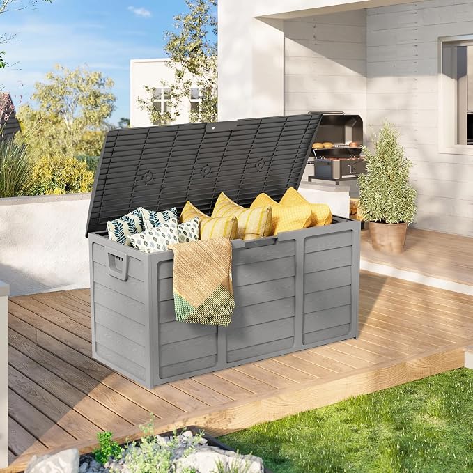 75 Gallon Deck Storage Box Resin Outdoor Storage Container with Handles for Patio Garden Yard, Black, Grey