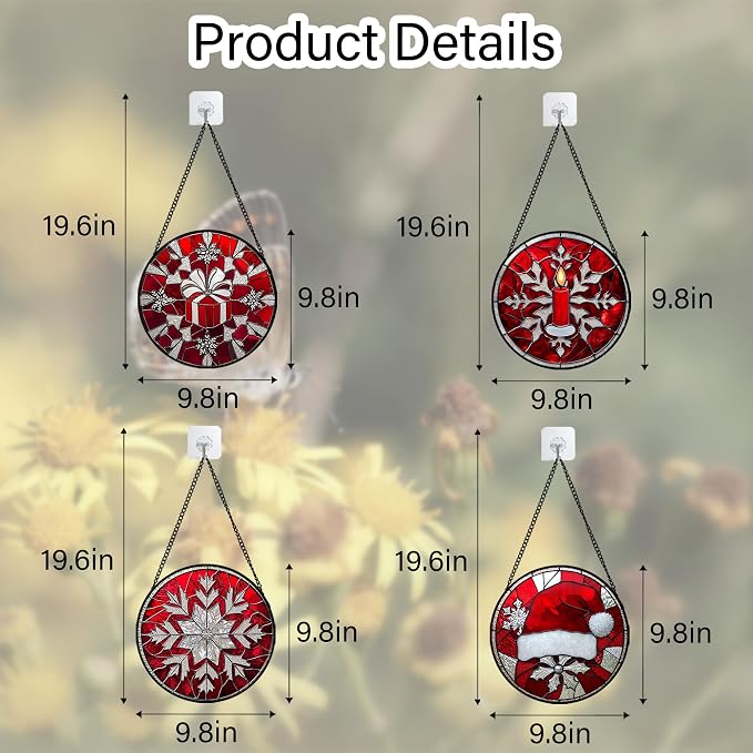 DASTOLL Stained Glass Window Hanging 4 Pcs Set Red Christmas Decorations Theme 9.8" - Suncatcher Door Garden Sun Catcher Decor Birthday for Mom Woman Nana Men Friend Wife