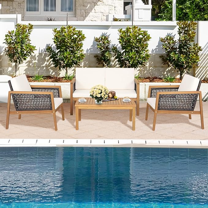 4 Pieces Outdoor Acacia Wood Furniture Set, PE Wicker Conversation Set with Coffee Table and Soft Cushions, Sofa for Garden, Poolside and Backyard (1, Off White)