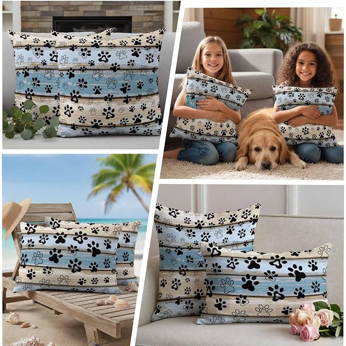 Outdoor Pillow Covers,Funny Dog Paw Farm Wood Grain Decorative Throw Pillow Cover Waterproof Pillowcase Set of 2,Linen Cushion Case for Sofa Couch Bed 18x18 Inch,Retro Blue Wooden