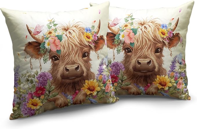Highland Cow Pillow Covers 24x24 Set of 2 Cattle with Flowers Throw Pillow Covers Spring Outdoor Pillowcase Cotton Linen Farmhouse Cushion Case for Sofa Outdoor Patio
