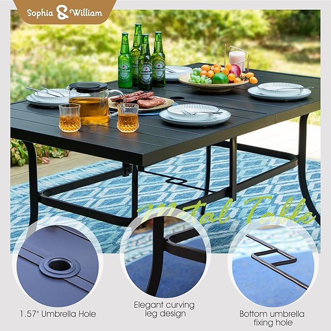 Sophia & William Patio Set with Umbrella 8 Pieces Outdoor Dining Set for 6 with 13ft Outdoor Orange Red Umbrella, 6 x Swivel Patio Chairs with 59" Dining Table for Lawn Garden (No Umbrella Base)