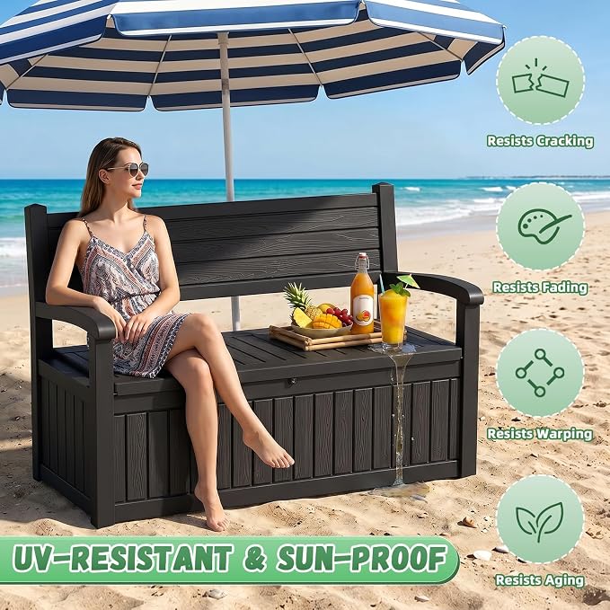 80Gal Resin Outdoor Deck Storage Bench, Lockable Waterproof UV Protected Patio Box, Weatherproof Porch Pool Garden Furniture for Yard Tools & Seat Cushions, Black