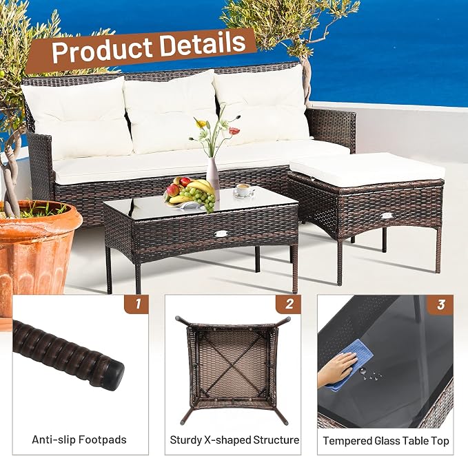 RELAX4LIFE 3 Pieces Patio Furniture Sectional Set, Rattan Wicker Conversation W/ 5 Cozy Seat & Back Cushions, Tempered Glass Coffee Table for Poolside, Balcony Outdoor Furniture (Beige+Brown)