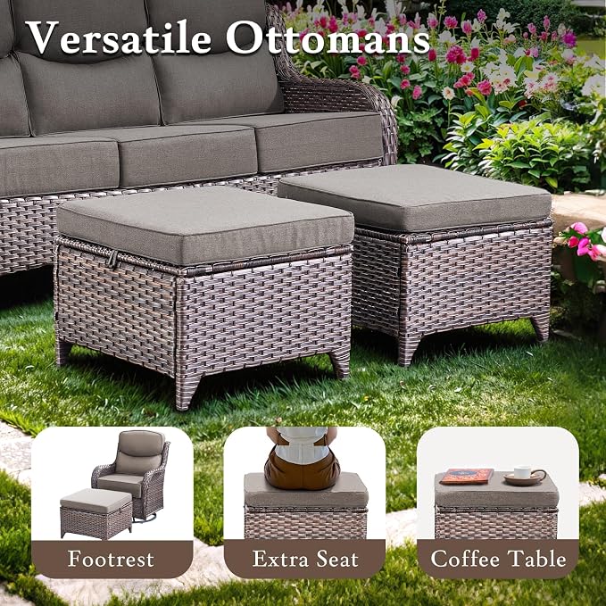 Luxury High Back Outdoor Furniture with 6-inch Extra Thick Cushions, Patio Furniture Set with Swivel Chairs, 5 PCS Wicker Conversation Set for Yard, Deck, Poolside, Brown/Grey