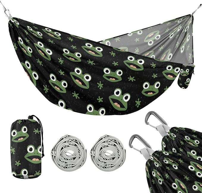 Camping Hammock Outdoor Hammocks for Outside Cute Frog Black Beach Trees Portable Lightweight with Pockets Tree Straps Indoor Small