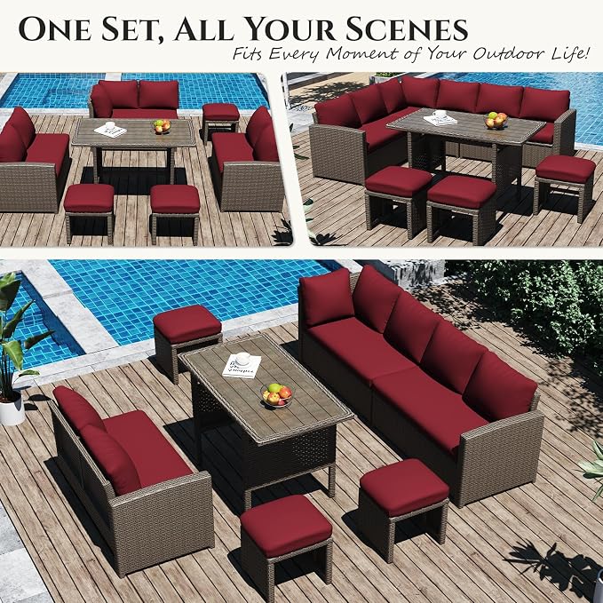 U-MAX 7 Pieces Patio Furniture Set with Waterproof Cover, Outdoor Sectional Sofa Conversation Set, All Weather Wicker Rattan Dining Table & Chair with Ottoman, Brown Rattan&Wine Red Cushion