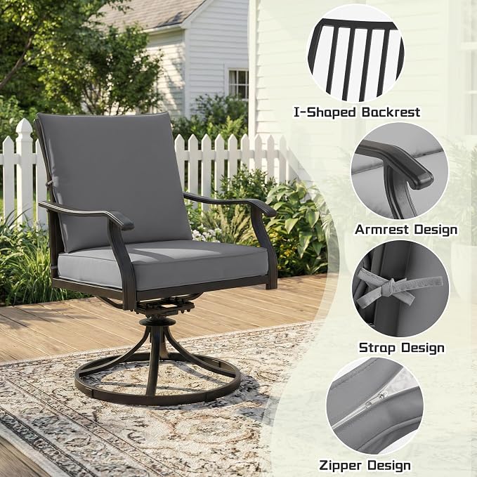7 Piece Outdoor Patio Dining Set, 62’’ Rectangular Metal Dining Table & 4pcs Metal Dining Chairs & 2pcs Swivel Rocking Chairs , Outdoor Furniture Dining Set for Patio, Balcony, Lawn, Garden, Backyard