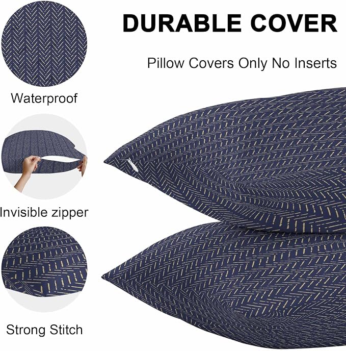 Vandarllin Outdoor Throw Pillows Covers 26x26 inch Set of 2 Waterproof Navy Blue Stripes Decorative Zippered Cushion Covers for Patio Furniture, Modern Art Lines Lumbar Pillowcases