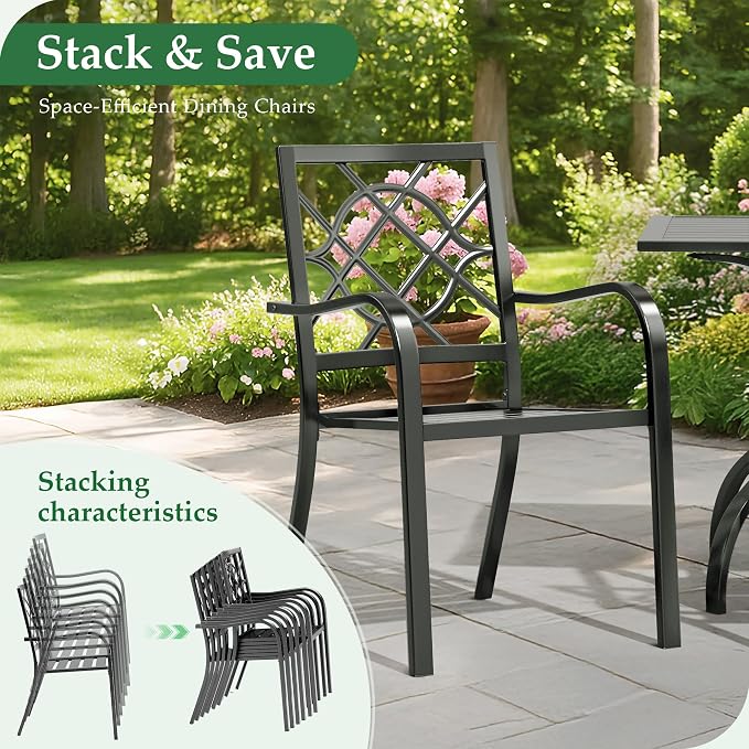 Oakcloud 7-Piece Patio Dining Set, Outdoor Metal Furniture Dining Table Set 6 Stackable Patio Dining Chairs and Rectangle Dining Table with Umbrella Hole, Black