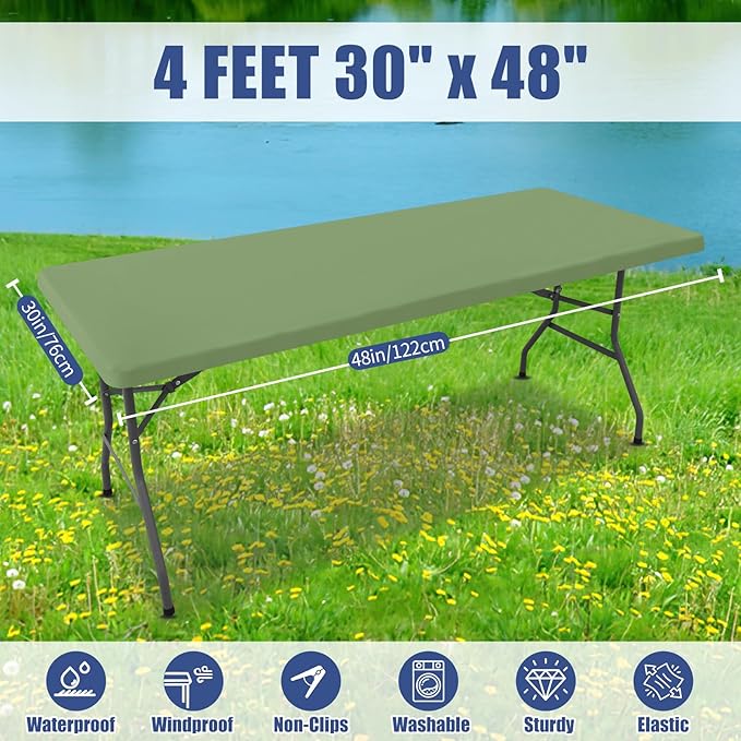 Moosfor Spandex 4 Foot Rectangle Table Cloth 2 Pack, Elastic Fitted Tablecloths for Picnic, Stretch Washable Patio Table Cover for Outdoor, Camping, Banquet and Parties (Sage Green, 30"x48")