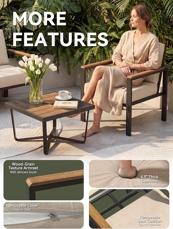 5-Piece Patio Furniture Set with Fire Pit Table & Coffee Table & Removable Washable Cushions, All-Weather Metal Frame and Wood-Like Armrests for Porch, Garden, Balcony,Beige
