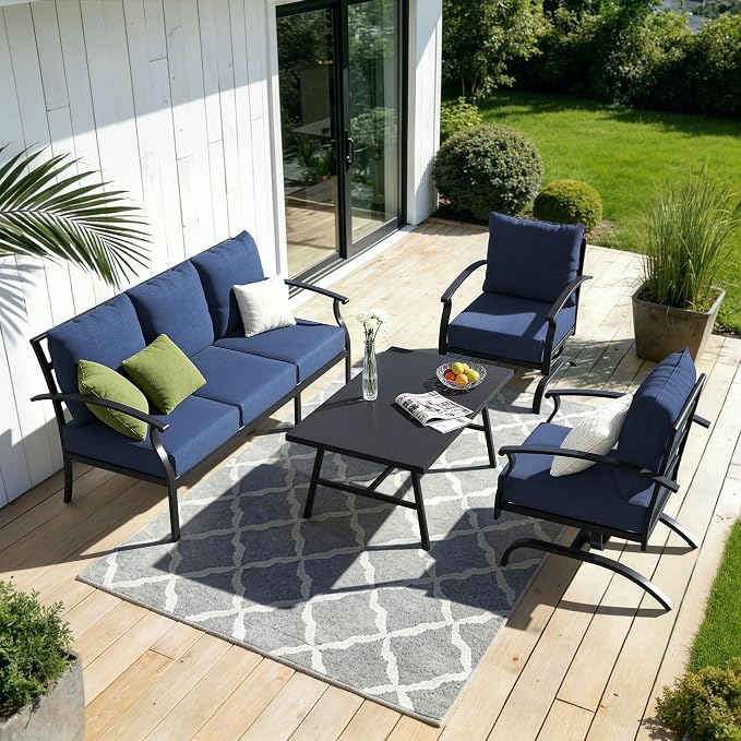 Kullavik Patio Furniture Set,2 Piece Metal Outdoor Patio Furniture Set,All Weather Modern Patio Conversation Sets w/3 Seater Sofa and Coffee Table for Balcony Deck,NavyBlue