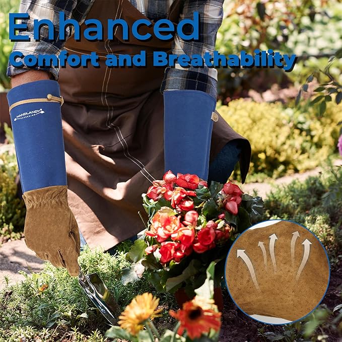 HANDLANDY Rose Pruning Gloves for Men Women, Thorn Proof Gardening Gloves | Long Leather Gardening Gloves, Breathable Leather Gauntlet, Best Garden Gifts & Tools for Gardener (Blue, M)