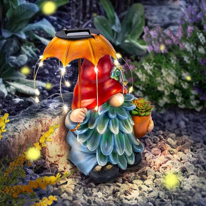 Solar Outdoor Statues Gnome Garden Decor, Garden Gnome with Solar LED Umbrella Decorative for Patio, Balcony, Lawn, Yard Ornament - Christmas Gardening Gifts for Mom Grandma