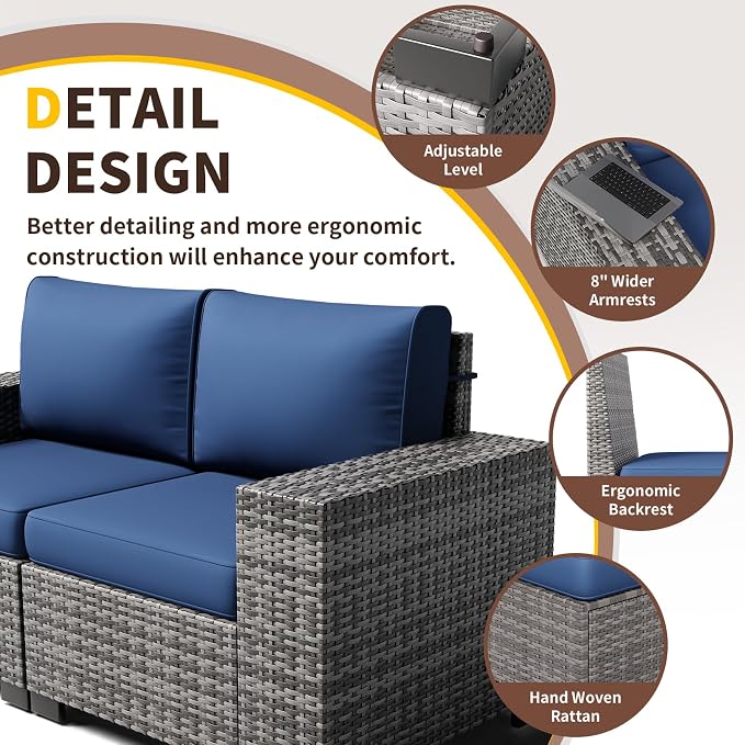 Patio Furniture with Fire Pit Table,8‘’ Wide armrest Outdoor Sectional Rattan Sofa Set, Wicker Patio Furniture Sets w/Coffee Table,Thick Cushions and Cover for Porch, Balcony,7PC(Grey&Navy)