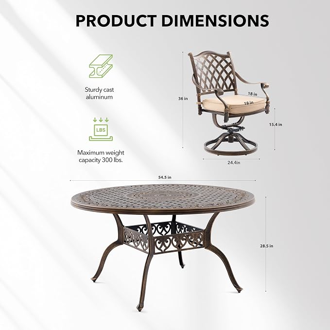 7-Piece Cast Aluminum Outdoor Table and Chairs, Classic Vintage Patio Dining Set for 6 Include 54.5" Round Dining Table and 6 Swivel Chairs with Removable Cushion and Umbrella Hole
