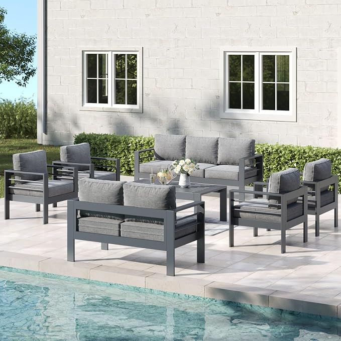 7 Pieces Aluminum Outdoor Patio Furniture Set with Coffee Table, Modern Metal Conversation Sofa Set with Deep Seating for Porch