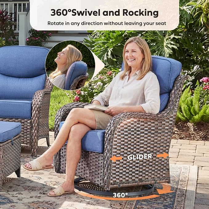 Rilyson Wicker Outdoor Swivel Rocker Chairs - All Weather Resistant Wicker Patio Furniture Set of 2 with High Back and 6 inch Thick Cushions for Deck Porch Yard and Poolside, Brown/Blue