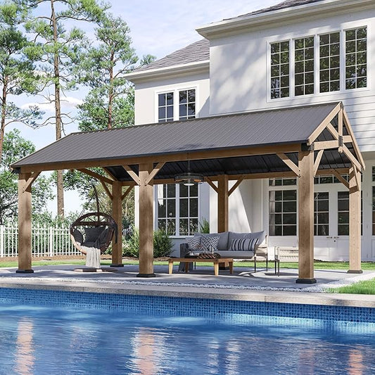 Aoxun 12' x 20' Outdoor Wood Gazebo with 20" Ceiling Fan with Light, Hardtop Gazebo Permanent Wooden Pavilion with Galvanized Steel Gable Roof, for Patio, Garden, Deck, Cedar Wood