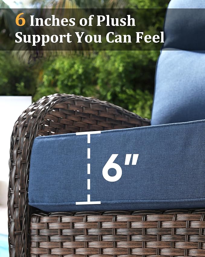 7-Piece Luxury Patio Furniture Set with 6-Inch Thick Cushions, High-Back Outdoor 4 Swivel Rocking Chairs with Wicker 42" Fire Pit, All-Weather Conversation Set for Porch, Deck, Yard or Poolside Blue