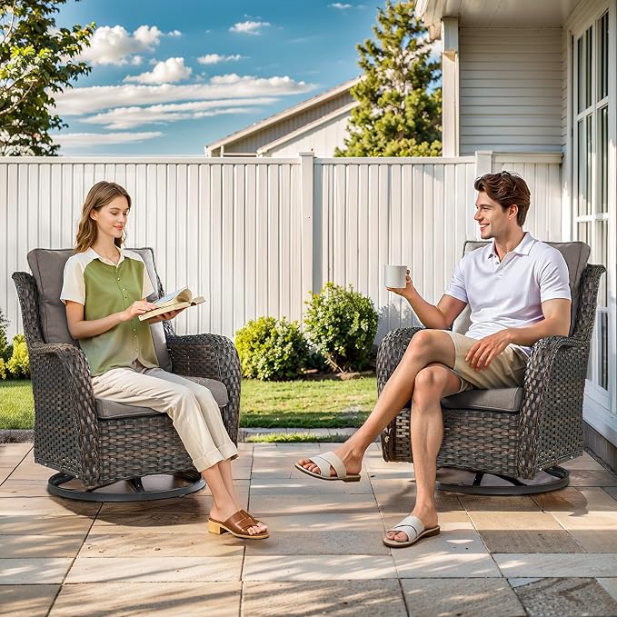 Outdoor Swivel Rocker Patio Chairs Set of 4 with Ottoman Coffee Table - 5" Thick Cushion 8 Piece Furniture Set All Weather Comfortable Wicker Conversation Set for Porch Deck - Brown/Gray