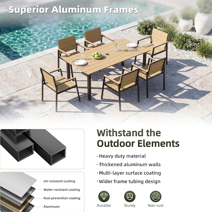 Outdoor Table and Chairs for 6 Aluminum Patio Dining Set with Umbrella Hole | All Weather,HDPS Material,Oversized,7 Piece,for Backyard,Rot-Fade-Crack Proof,Maintenance-Free,Sturdy,Heavy-Duty,Yellow