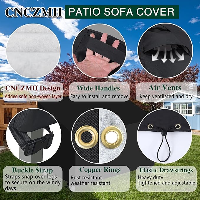 Heavy Duty Patio Sofa Covers Waterproof, Outdoor 3-Seater Couch Cover Waterproof, 600D Outdoor 2-Seater Loveseat Furniture Covers with Air Vent Handle 58''W x 32.5''D x 24''H/ 31''H Black