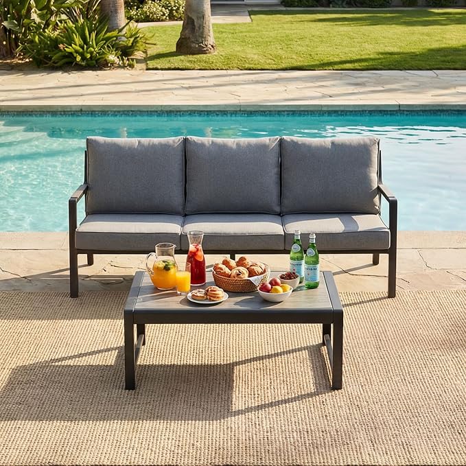 COSIEST Iron-Aluminum Patio Furniture Set, 3-Seat Metal Patio Sofa w Wood-Grain Coffee Table, Weather-Resistant Outdoor Sectional Sofa for Balcony, Porch,Deck