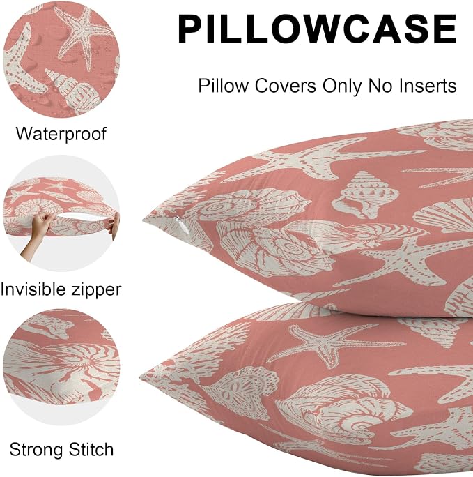 Waterproof Pillow Covers Set of 2 20x20 Inch Ocean Coastal Outdoor Cushion Covers Shells Starfish Conch Coral Red Linen Decorative Pillow Cases for Patio, Sofa, Couch, Garden, Balcony