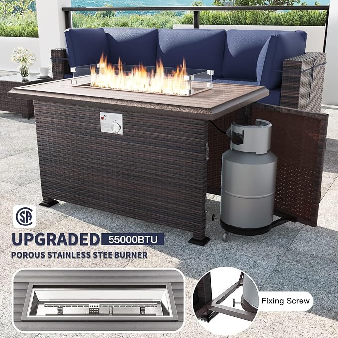 Kullavik 8 Pieces Outdoor Patio Furniture Set,Sectional Sofa Set with 43" 55000 BTU Gas Propane Fire Pit Table,Brown PE Rattan Wicker Patio Conversation Set,Navy Blue