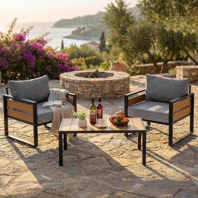 Furnimart Patio Furniture Set, 3-Piece Metal Outdoor Sectional, 2-Seat Patio Conversation Set with Deep Seating, Thick Cushions & Coffee Table for Backyard, Porch & Deck, Gray