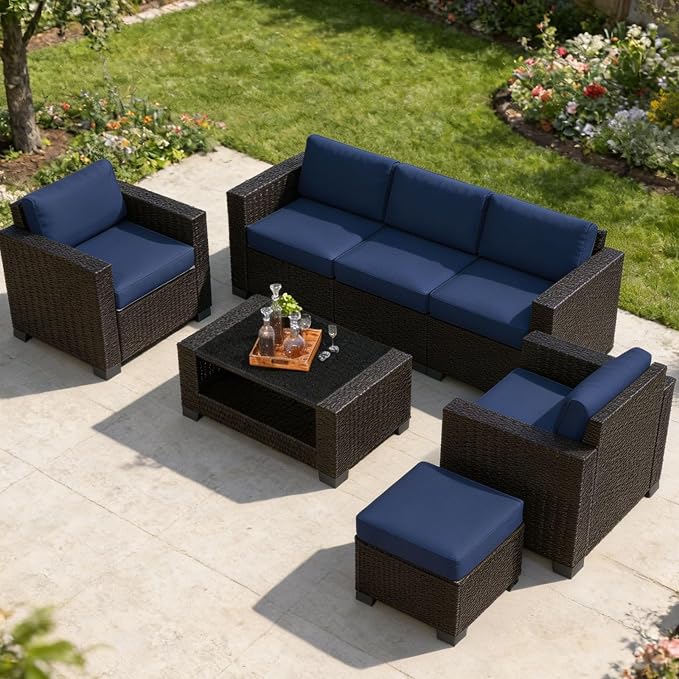 7 Piece Patio Furniture Set, Slanted Back Outdoor Sectional Sofa, Patio Conversation Sets with Cushion and Glass Table, Patio Sofa Furniture for Garden, Deck, Dark Brown Rattan & Dark Blue Cushions