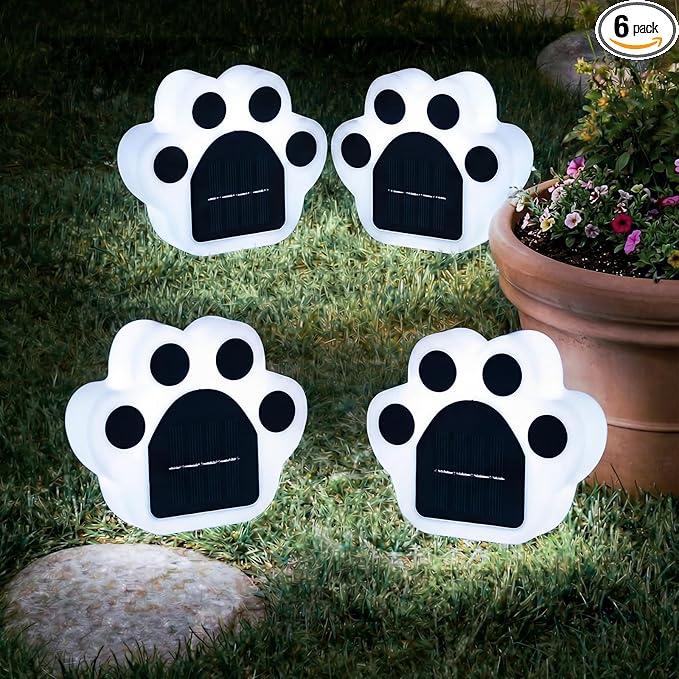 Solar Paw Print Lights 6 Pack, Outdoor Waterproof Solar Garden Lights, Lawn Patio Pathway Decorative Lights, Pet Dog Lovers Gifts for Women Mom Mother's Day (Cool White)